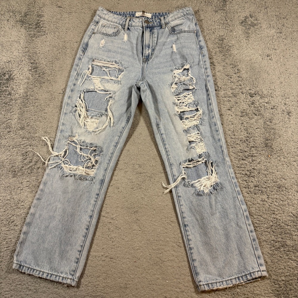 Risen Womens RDP5221 Distressed Straight Leg Jeans Size 5 Waist 27 Light Blue